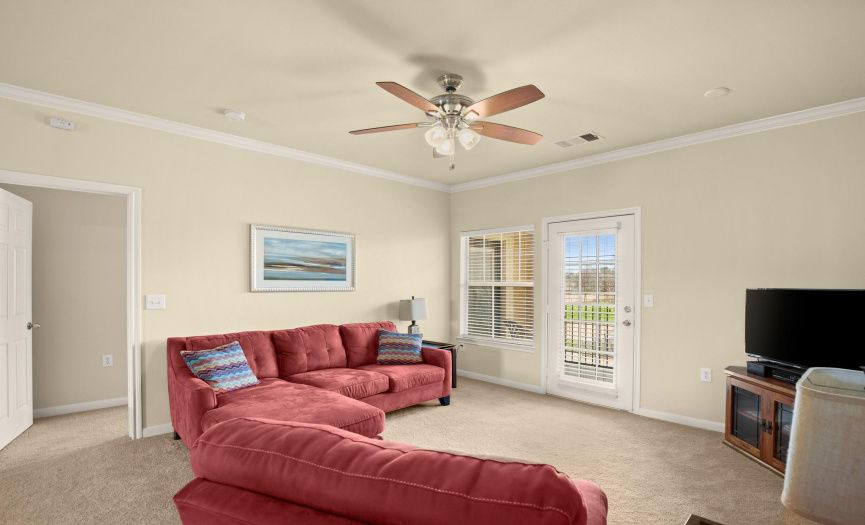 Relax in comfort in the living room, featuring soft carpet flooring, perfect for unwinding after a long day.
