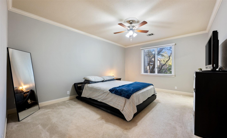 Great sized bedroom on the lower level has side yard view, en suite bathroom and walk-in closet. 