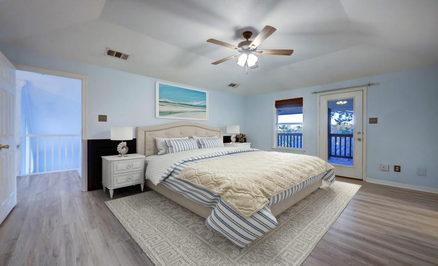 VIRTUALLY STAGED!  Great size primary bedroom with peaceful views of Lake Travis.