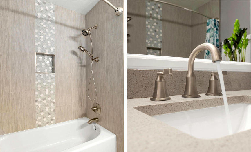 The hall shower boasts a sophisticated design with linen-look tiles complemented by hexagon tile accents.
