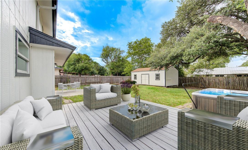 Endless possibilities for outdoor furniture to enjoy with friends and family, note the pet friendly larger backyard and tree. Virtual staging.