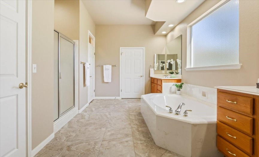 Walk in Shower to the left, large tub, dual sinks/vanities in primary bathroom...also dual closets!