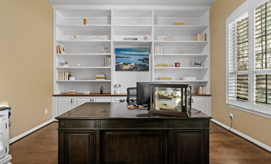 Built in bookcase and storage stretch from floor to ceiling in the office. (added in July 2021). 