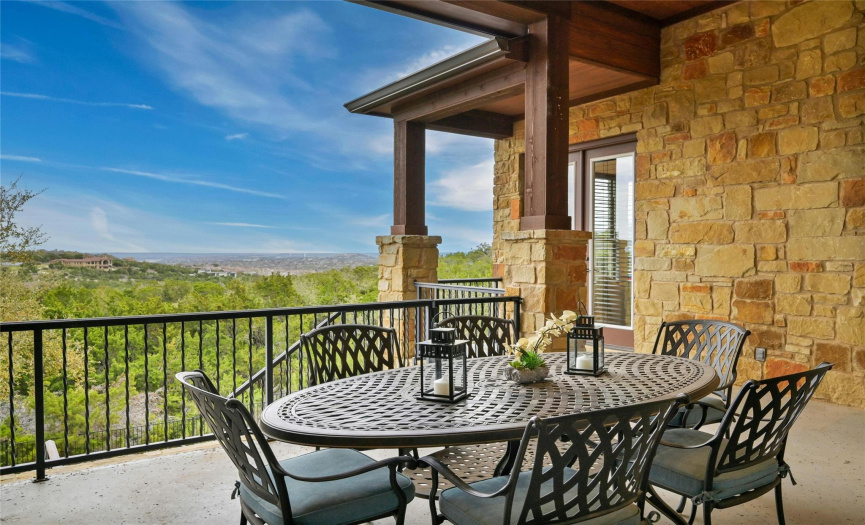 Hill country views off covered patio. 