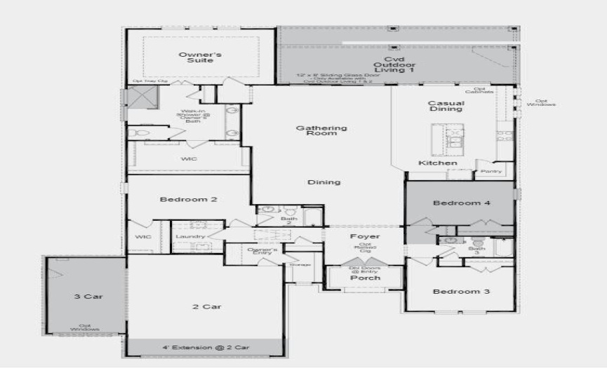 Structural options added include: Standing shower in bath 2, double entry doors, additional garage bay, 4' garage extension, walk-in shower in owner's bath, sliding glass door in gathering room, sunroom and covered outdoor living 2.