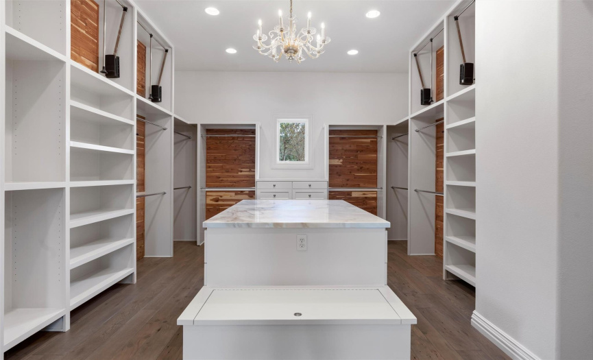 ONE of the primary custom closets with expansive built-ins, cedar lined and beautiful antique chandlier