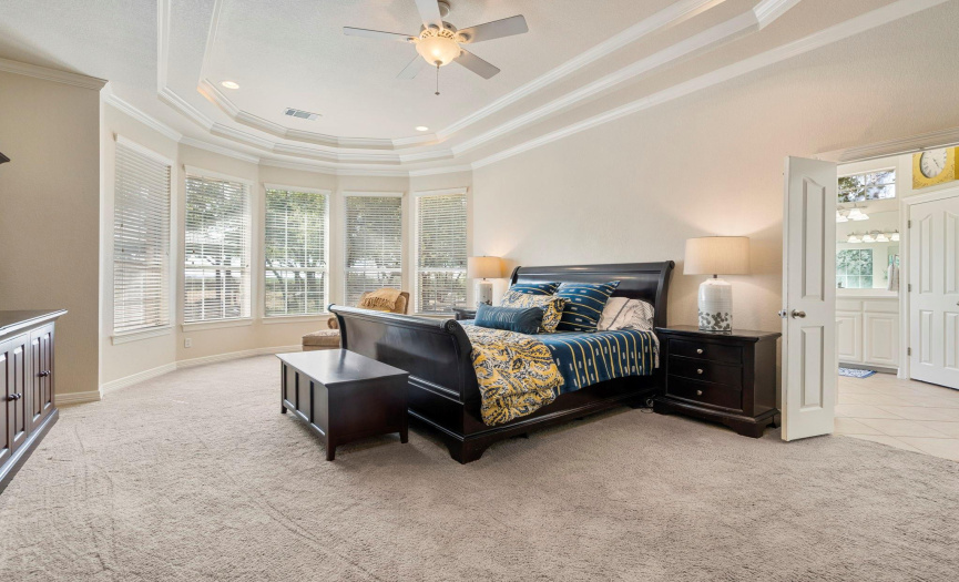 Spacious Primary bedroom downstairs with tray ceiling details. 