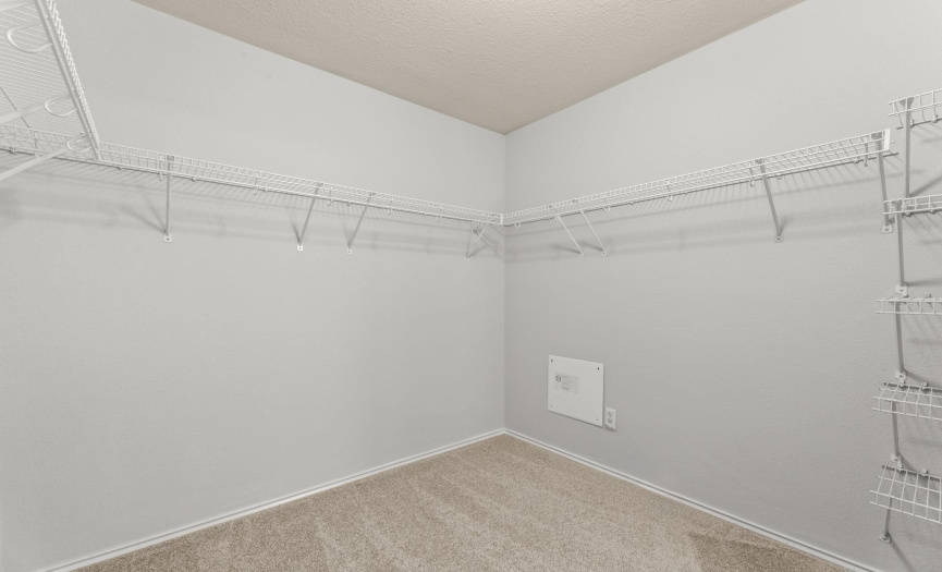 Primary bedroom walk-in closet with shelves.