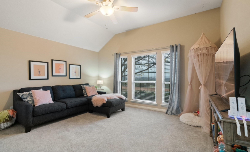To the right of the entry foyer you will find a small hallway with this large guest bedroom and adjacent full guest bathroom. 
