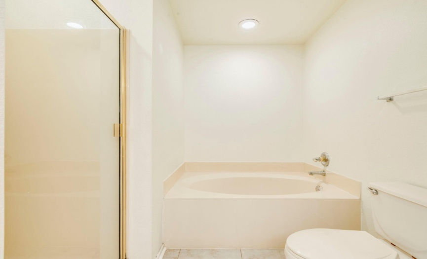 Luxurious primary bath with deep soaking tub, walk-in shower, and modern lighting—your private spa retreat at home.