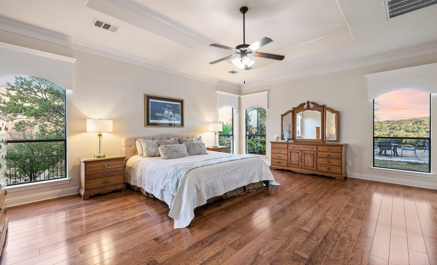 Grand primary suite on the main floor with gleaming hardwood floors and trey ceiling.