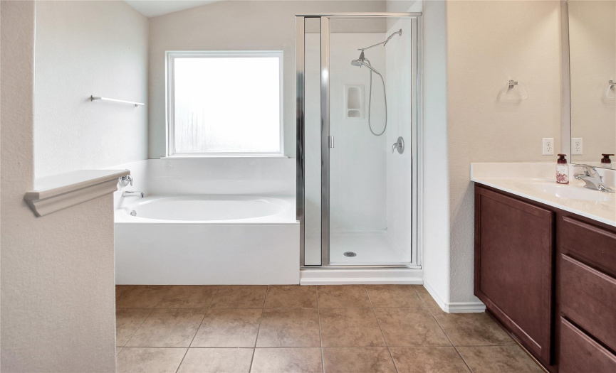 Raised vanity, dual sinks, separate tub and shower 
