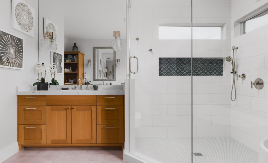 Dual/separate vanities and oversized walk-in shower