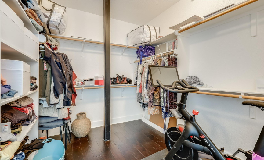 The primary bedroom has a large walk-in closet, large enough for a Peloton.