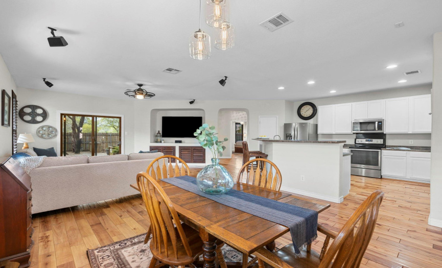 The casual dining space has easy access to the kitchen and a great view of the television!