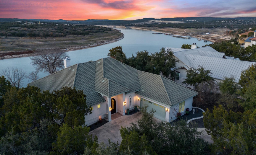Aerial View of House at Sunset 