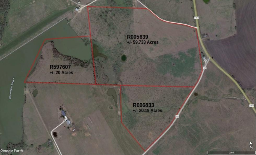 Outline of properties to be sold with WCAD Parcel ID information.  Acreage of each tract provided by public record. Combined acreage of ~ 99.923 acres.