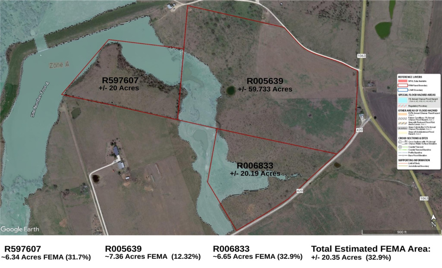 Aerial flood plain overlay. Areas of the property being sold impacted by flood plain are only an estimation. Acreage of each tract provided by public record. Flood plain overlay data provided by FEMA