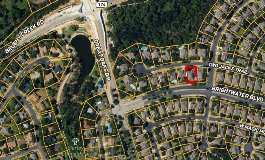 The home is outlined in red, showing its' location to Brushy Creek Rd and Great Oaks Dr.