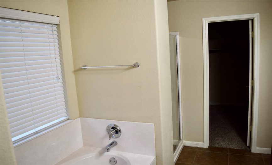 Soaking tub and separate shower at primary bathroom
