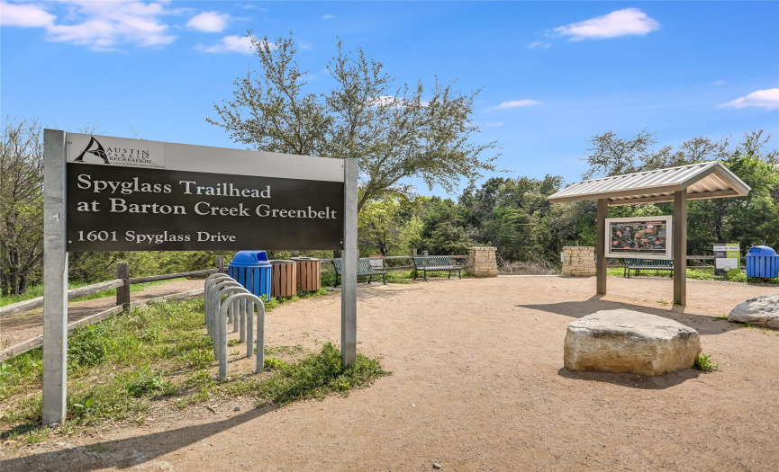Entrance to the Spyglass Trailhead at the Barton Creek Greenbelt, right down the street. 