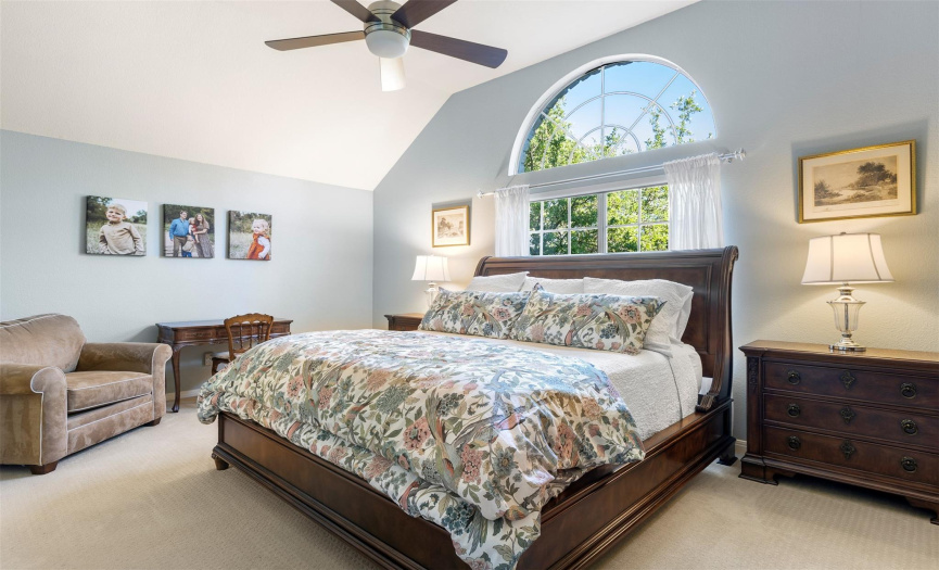 Expansive master bedroom with tons of light pouring in. High ceilings, upgraded fans.