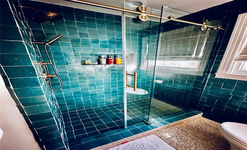 Handmade Zellige tile on shower walls, new gold shower fixtures with shower wand for dual spouts