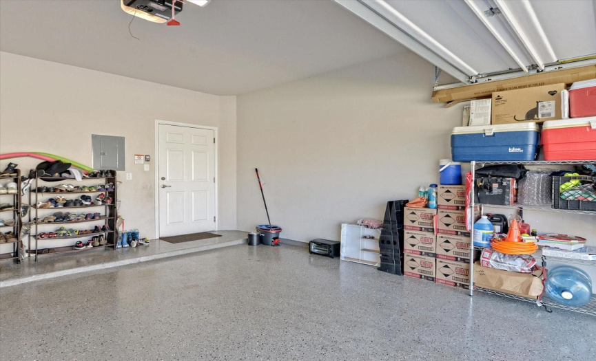 Two car garage and an epoxy painted floor