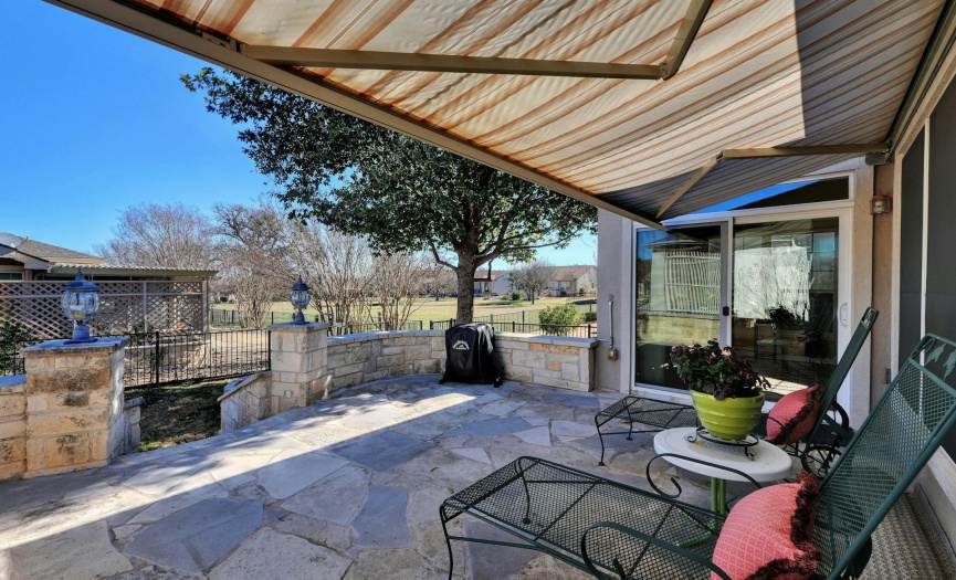 The electronic retractable awning for coverage from sun when desired.