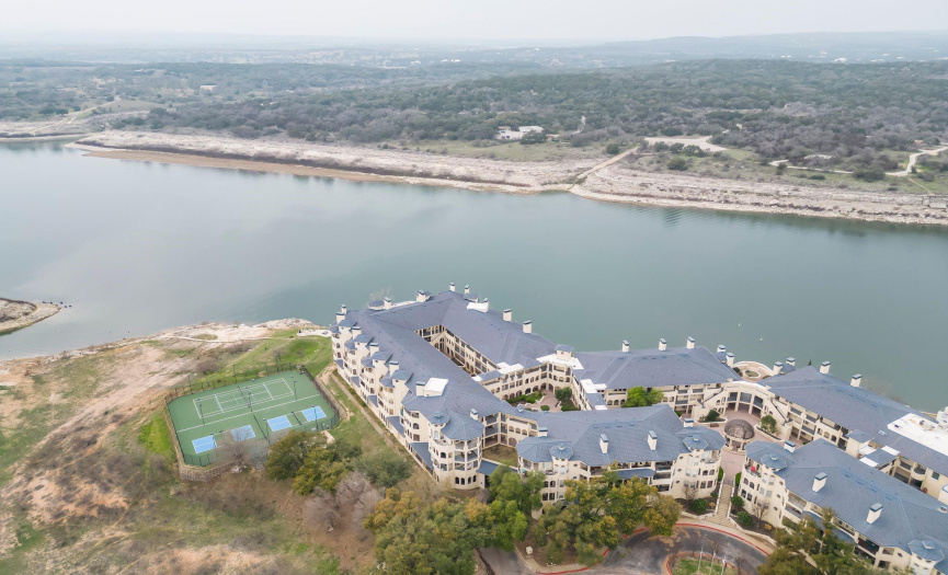 Tennis & Pickleball courts, and a swimming area for Lake Travis. 