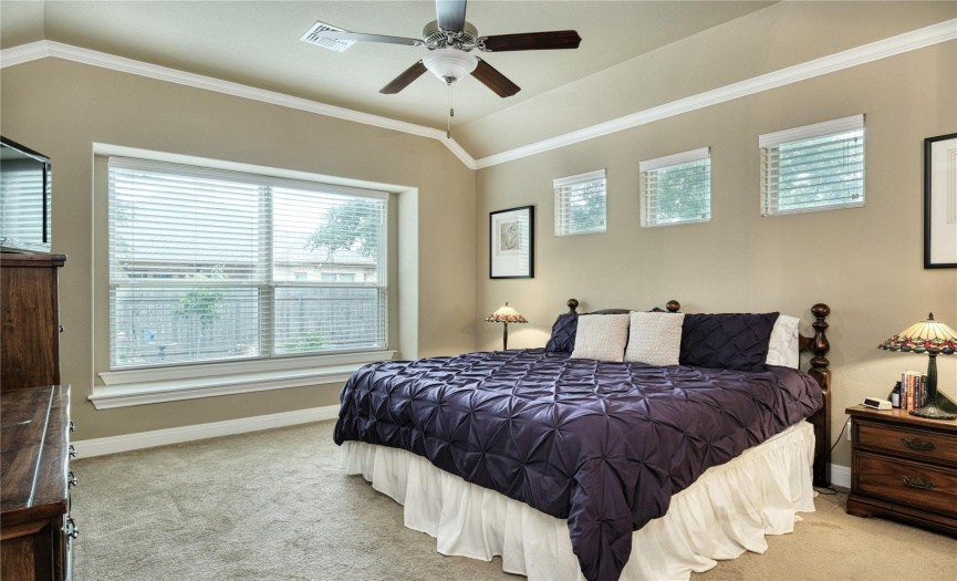 primary bedroom, high ceilings, ceiling fan, large windows, natural light, transom windows, carpet