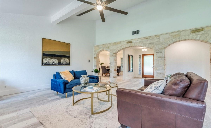 Vaulted ceilings give this living room a very open feel