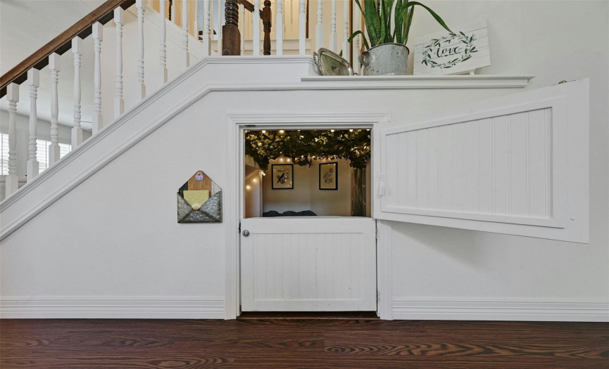 What a magical treat!  A secret hideaway under the stairs will impress the youngest future resident.