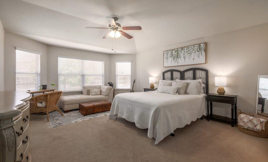 The primary bedroom is large and features carpet flooring, high ceilings, and several windows.