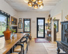 Dining space features historic art and rustic finishes