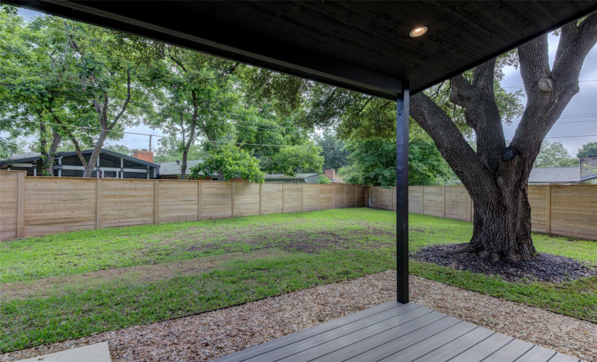Backyard view of majestic Oak, and amazing yard space ready for your green thumb!