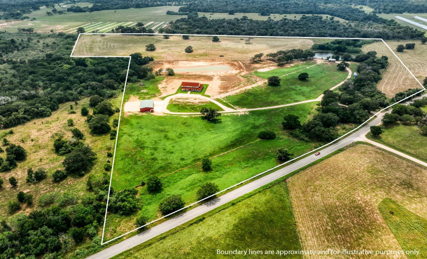 Aerial Overhead view of the 43.841 Acres of Gently Rolling Improved Hay Pasture, Scattered Trees with 3 stock ponds