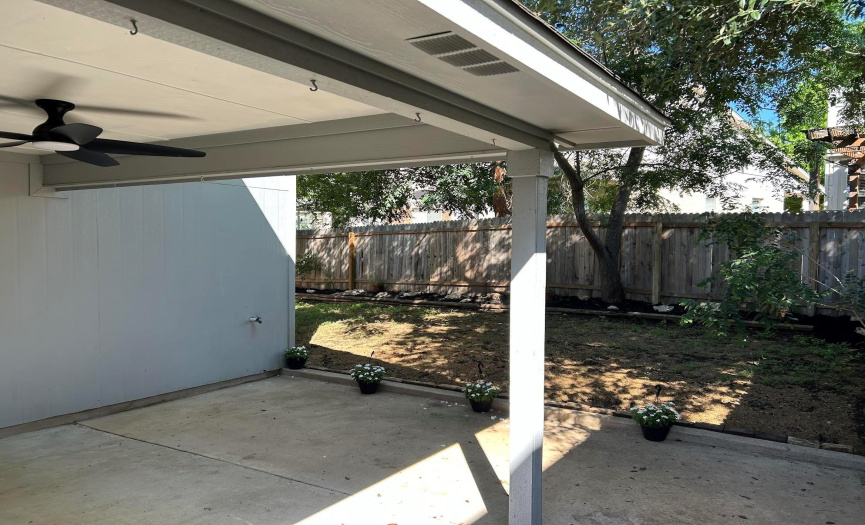 Covered Patio with new fan to enjoy outdoor entertainment